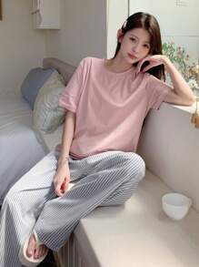 DAZY 2pcs Minimalist Stripe Shirt And Pajama Pants Homewear Set - Multicolor - View 6