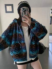 DAZY 女士加厚保暖撞色宽松卫衣波西米亚风卫衣，带保暖内衬秋冬外套 - 藍色 - 查看 8