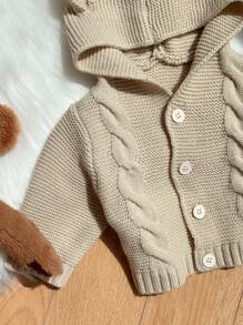 SHEIN Nouveau-né Bébé Garçon/Fille Beige Automne Hiver Vintage Texturé Capuche Cardigan Avec Design Oreille 3D, Décontracté Et Chaud, Adapté Pour Une Utilisation En Intérieur Et Extérieur