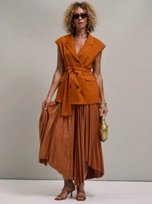 SHEIN Unity 女式秋季纯色翻领单排扣蝙蝠袖西装外套 - 鏽棕色 - 查看 3