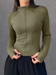 DAZY 女士纯色前拉链长袖夹克，休闲和日常穿着 - 軍綠色 - 查看 3
