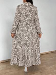 Flirla 加大码全身印花灯笼袖荷叶边下摆连衣裙（无腰带）长款女装 - 彩色 - 查看 2