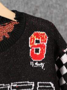 青少年男孩时尚破洞针织毛衣，配赛车格纹火焰印花圆领套头衫 - 黑色 - 查看 7