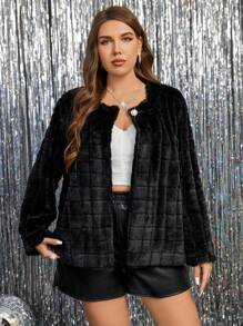 SHEIN Clasi Chaqueta de invierno abrigadora, suave y esponjosa para mujer de talla grande - Negro - Ver 3
