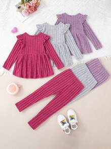 SHEIN Genkimix Kids Young Girl 3pcs Set Solid Color Tee & Pants Casual Suit, Autumn/Winter