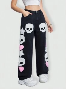 SHEIN Explorewe 少女时尚别致个性化骷髅植绒宽松休闲牛仔裤，适合万圣节派对 - 黑色 - 查看 6