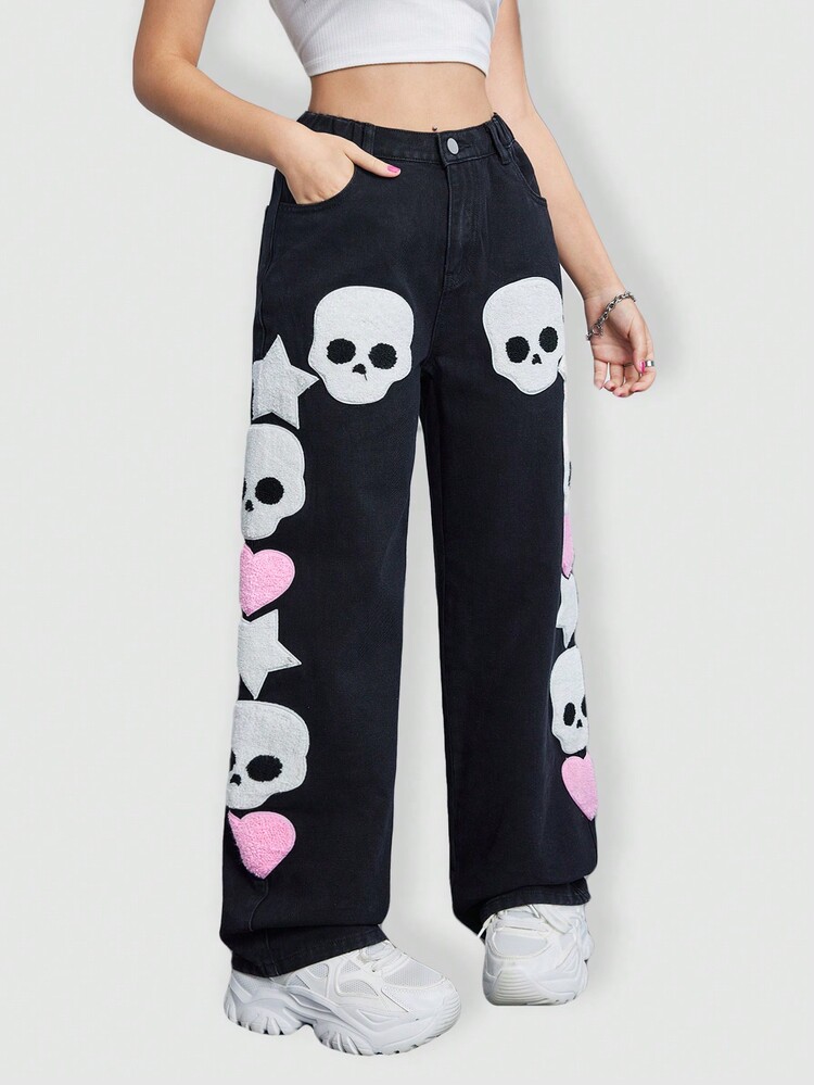 SHEIN Explorewe 少女时尚别致个性化骷髅植绒宽松休闲牛仔裤，适合万圣节派对 - 黑色 - 查看 6