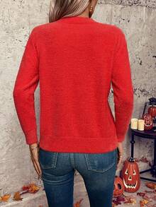 EMERY ROSE Halloween Women's Casual Loose Fit Cartoon Cat Pattern Long Sleeve Pullover Sweater, Autumn & Winter - Orange - View 2