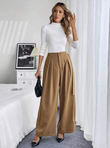 Chiquease Khaki Elegant Wide Leg Trousers - Khaki - View 6