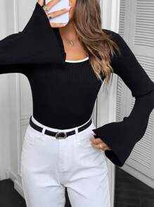 Chiquease Women's Autumn/Winter Ribbed Scoop Neck Long Sleeve Casual Pullover Sweater, Knit Pullover Fall - Black - View 3