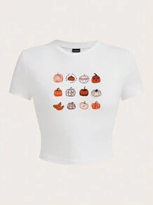 SHEIN EZwear Casual Cartoon Pumpkin Print White Crew Neck Short Sleeve Cropped Fitted Women T-Shirt, Suitable For Halloween, Cotton Blend