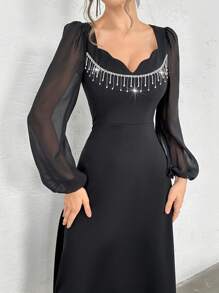 Modelyn Women's Spring & Summer Rhinestone Embellished Scoop Neck Mesh Lantern Sleeve Dress - Black - View 1