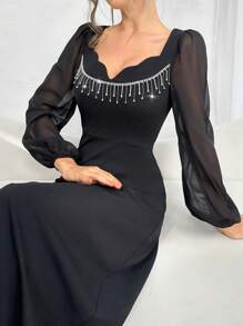 Modelyn Women's Spring & Summer Rhinestone Embellished Scoop Neck Mesh Lantern Sleeve Dress - Black - View 3
