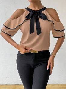 EMERY ROSE 女士系肩修身休闲优雅衬衫 - 棕色 - 查看 5