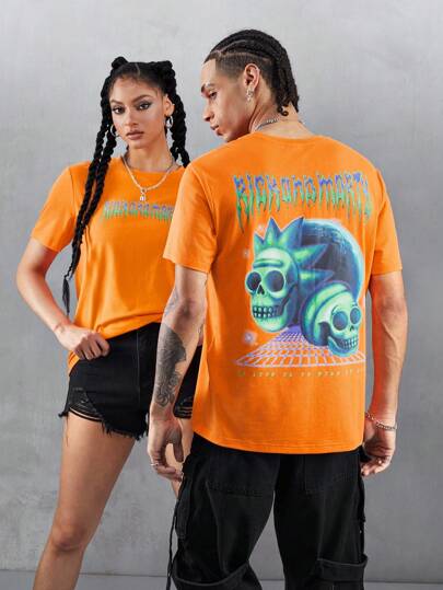 Rick and Morty X SHEIN Unisex 1pc Casual Cartoon Skull & Letter Print Short Sleeve T-Shirt, Summer