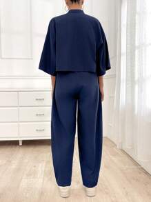 EURMUSE 2pcs/Set Casual Solid Color Daily Co-Ord Set - Jacket And Pants Day Time Navy Blue Autumn - Navy Blue - View 7