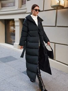EURMUSE Oversize Belt Detailed Winter Coat - Black - View 5