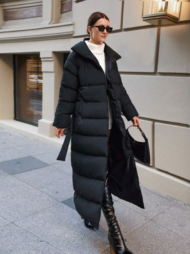 EURMUSE Oversize Belt Detailed Winter Coat - Black - View 4