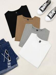 SHEIN LUNE 4pcs/Set Summer Casual Solid Color Crew Neck Short Sleeve T-Shirts - Multicolor - View 3