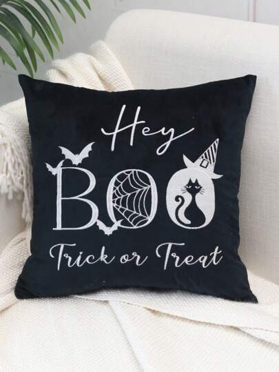 1 Funda de almohada bordada de Halloween con diseño de fantasma de dibujos animados y patchwork, funda decorativa para cojín de Halloween, decoración otoñal y decoración de habitación