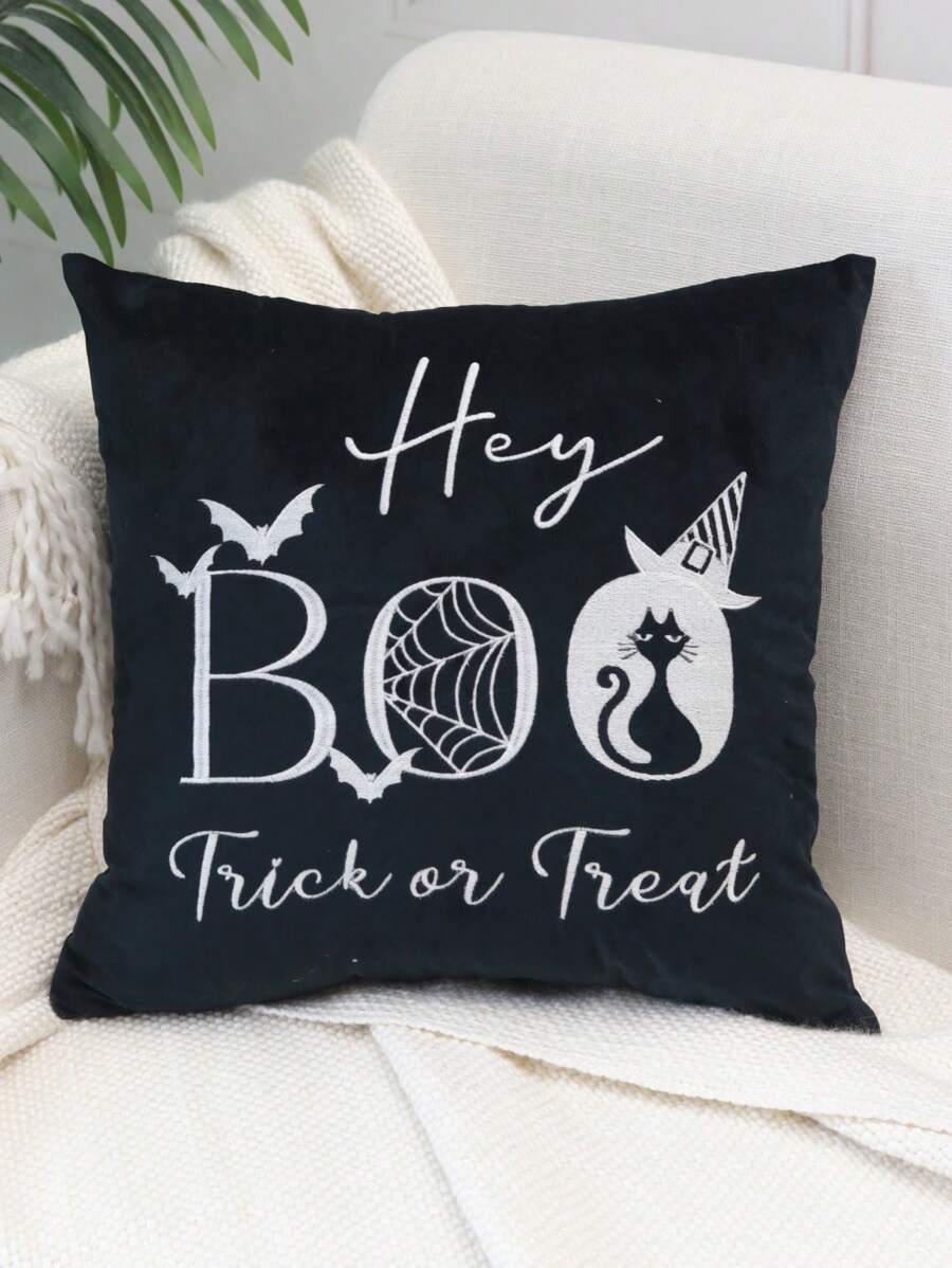 1 件万圣节刺绣枕套卡通鬼魂拼布靠垫套装饰性万圣节家居装饰抱枕套，秋季装饰，房间装饰 - 黑色 - 查看 1