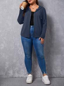 SHEIN Essnce Áo khoác thường ngày có mũ trùm đầu, tay dài màu xanh navy, cỡ lớn, có khóa kéo, màu trơn, mùa xuân thu - Màu xanh lam - Xem 4