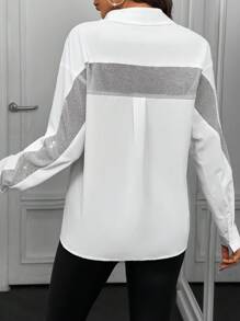 Chiquease 女士休闲亮片拼布翻领长袖衬衫 - 白色 - 查看 2