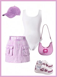 SHEIN Bộ áo liền quần cho bé gái Tween & Bộ váy tổng thể denim màu tím hồng có túi, thời trang và hợp thời trang - trắng - Xem 6