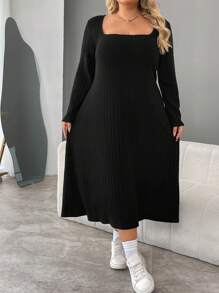 SHEIN CURVE+ Váy len dệt kim gân màu trơn cỡ lớn cho nữ, váy mùa thu - màu đen - Xem 3