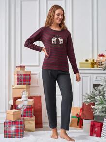 Cottnline 100% Cotton 2 Pcs  Striped New Year Embroidery Detail Shirt And Sleep Bottom Christmas PJ Set - Grey - View 4