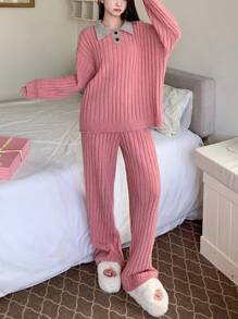 DAZY Knitted Colorblock Lapel Design Loose Homewear Set Fall,Winter Pajama