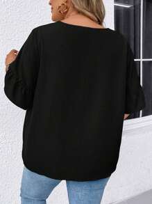 SHEIN CURVE+ 大尺碼固色單排釦休閒夏季襯衫，有翻領 - 黑色 - 查看 2