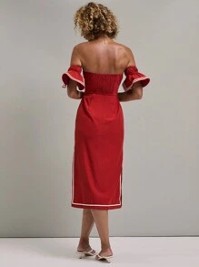 SHEIN Unity Women's Off-Shoulder Ruffle Trim Colorblock Midi Dress