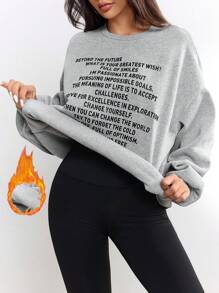 Mulvari 女式休闲标语印花羊毛运动衫，秋冬 - 灰色 - 查看 6