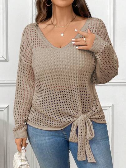 EMERY ROSE Plus Size Women's Loose V-Neck Bowknot Casual Sweater, Hollow Out Spring Autumn Daily Wear, Khaki Knit Pullover Fall Winter