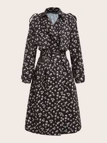 SHEIN EZwear Women's V-Neck Waisted Tie-Up Floral Patterned Casual Trench Coat