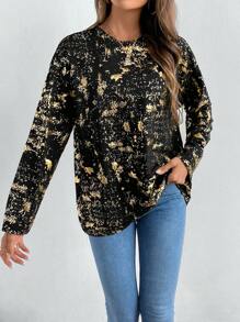 SHEIN Clasi 女士休闲落肩圆领烫花 T 恤，春秋装 - 黑色 - 查看 4