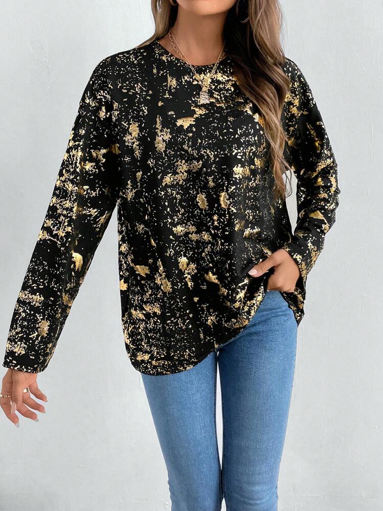 SHEIN Clasi 女士休闲落肩圆领烫花 T 恤，春秋装 - 黑色 - 查看 4