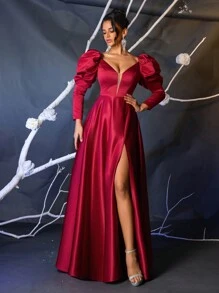 Glamrae 勃艮第红色优雅缎面勃艮第红色羊腿袖网眼甜心领骨高腰喇叭形长礼服，侧高开衩，长袖舞会晚礼服，适合婚礼嘉宾、毕业典礼、晚宴 - 酒紅色 - 查看 7
