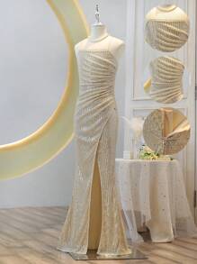 SHEIN 青少年女孩闪亮优雅高腰荷叶边 V 领开衩长裙礼服 - 杏色 - 查看 1