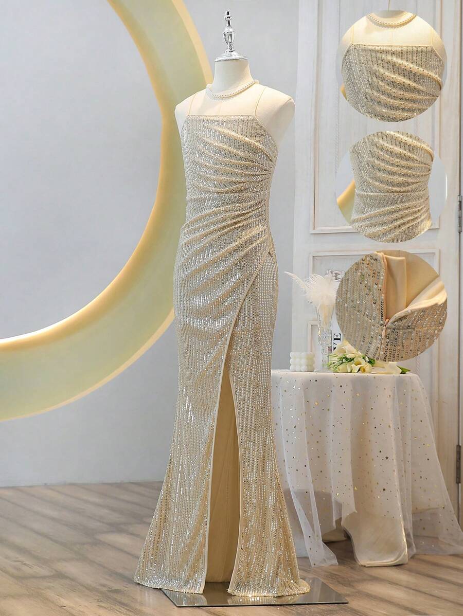 SHEIN 青少年女孩闪亮优雅高腰荷叶边 V 领开衩长裙礼服 - 杏色 - 查看 1