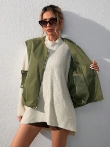SHEIN Essnce Double Zip Button Loose Vest - Army Green - View 5