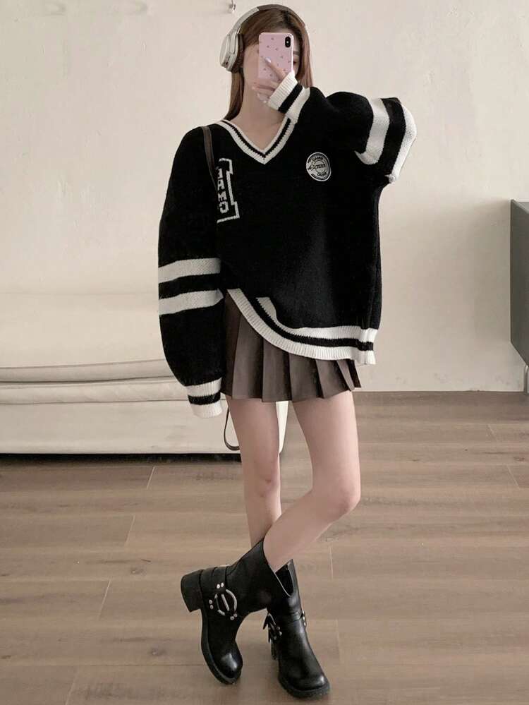 Women's Casual Colorblock Striped V-Neck Loose Pullover Sweater, Spring Autumn
