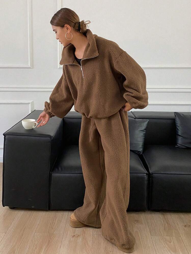 2pcs Women's Warm Fleece Solid Color Set Top And Pants,Thermal Lined Fall,Winter Tracksuits Women Set Lounge Sets For Women