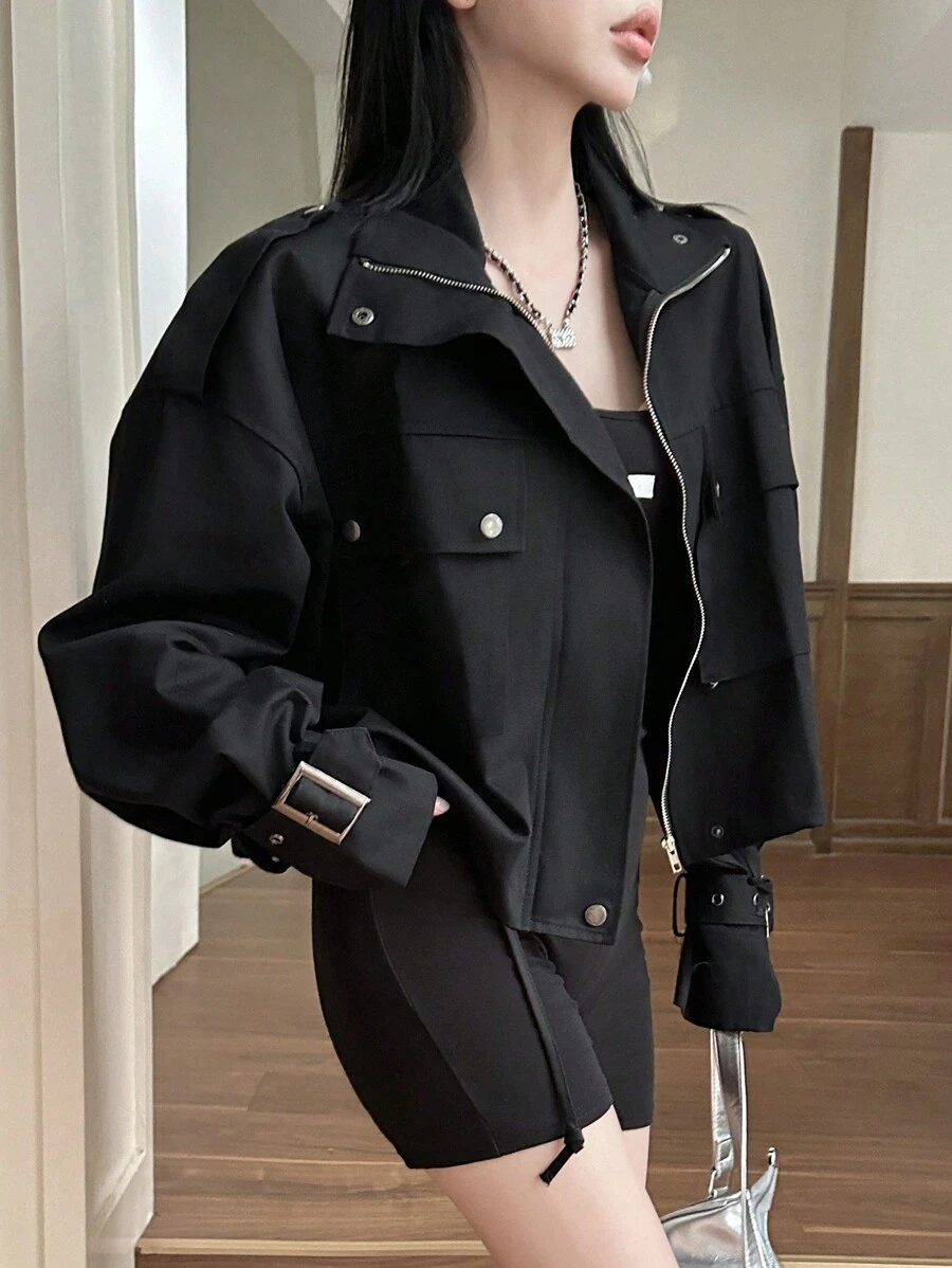 Dazy-Less 翻盖口袋落肩抽绳下摆夹克，复古风格，秋季服装 - 黑色 - 查看 1