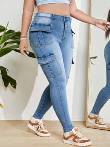 CovetEZ Plus Flap Pocket Side Cargo Jeans - Light Wash - View 3