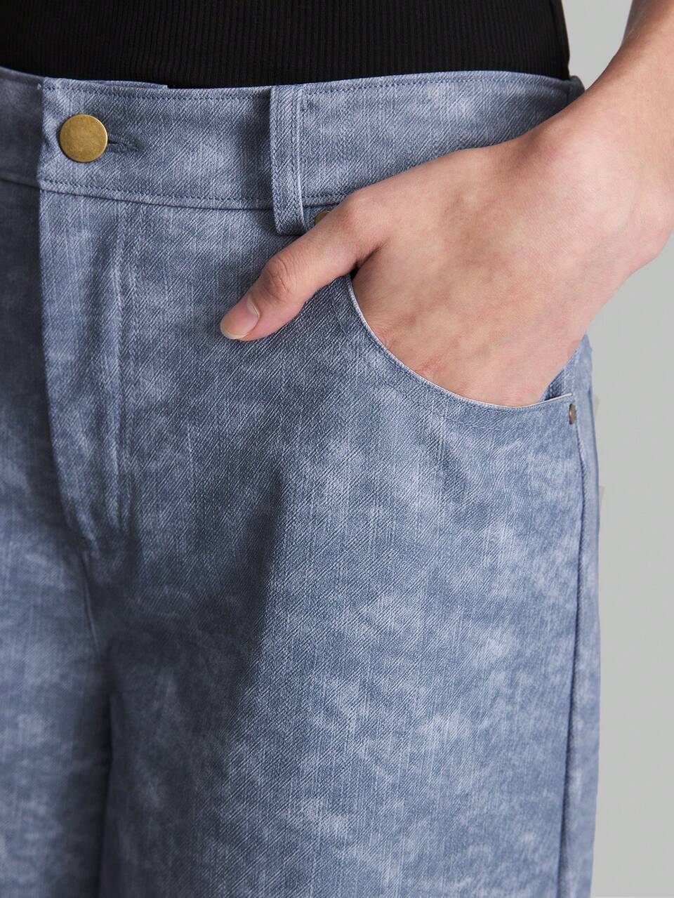 Women's Front Button Pocket Faded Blue Denim Effect Extra Long Casual Pants