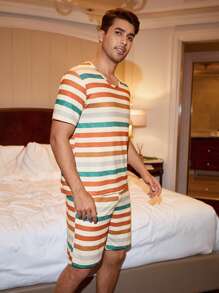 CoupledUp Multicolor Striped Print Short Sleeve Shorts Men Pajama Set - Multicolor - View 4