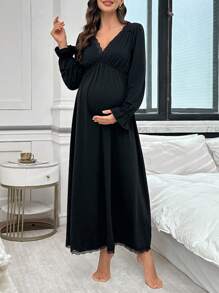 Moonlight&Mama Lace Patchwork Deep V-Neck Ruched Design Flare Sleeve Maternity Nightgown, For Fall, Winter - Black - View 5