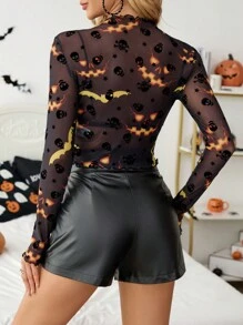 SHEIN Essnce Blusa de malla transparente de manga larga con cuello alto y estampado de calavera, corte slim; Top bustier de manga larga con encaje para mujer, para primavera y verano - Negro - Ver 2